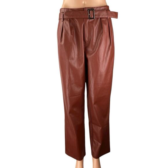 Who What Wear Pants - Who What Wear Brown High Rise Faux Leather Vegan Belted Pleated Trousers Pants 6